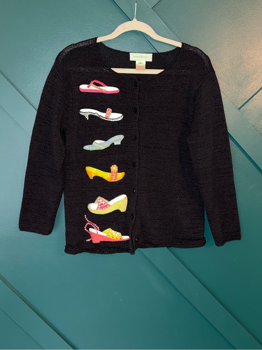 Susan Bristol Vintage Knit Cardigan 3D Shoe Appliqués Whimsical Novelty